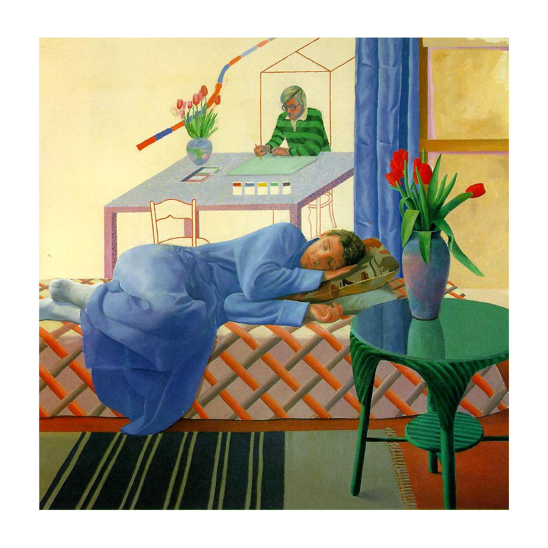Oil painting by David Hockney of a person lying asleep on a bed wearing a blue housecoat in the foreground and the artist in the background, painting at his desk.